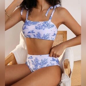 Blue Vintage Print Shoulder Tie High Waisted Bikini Set